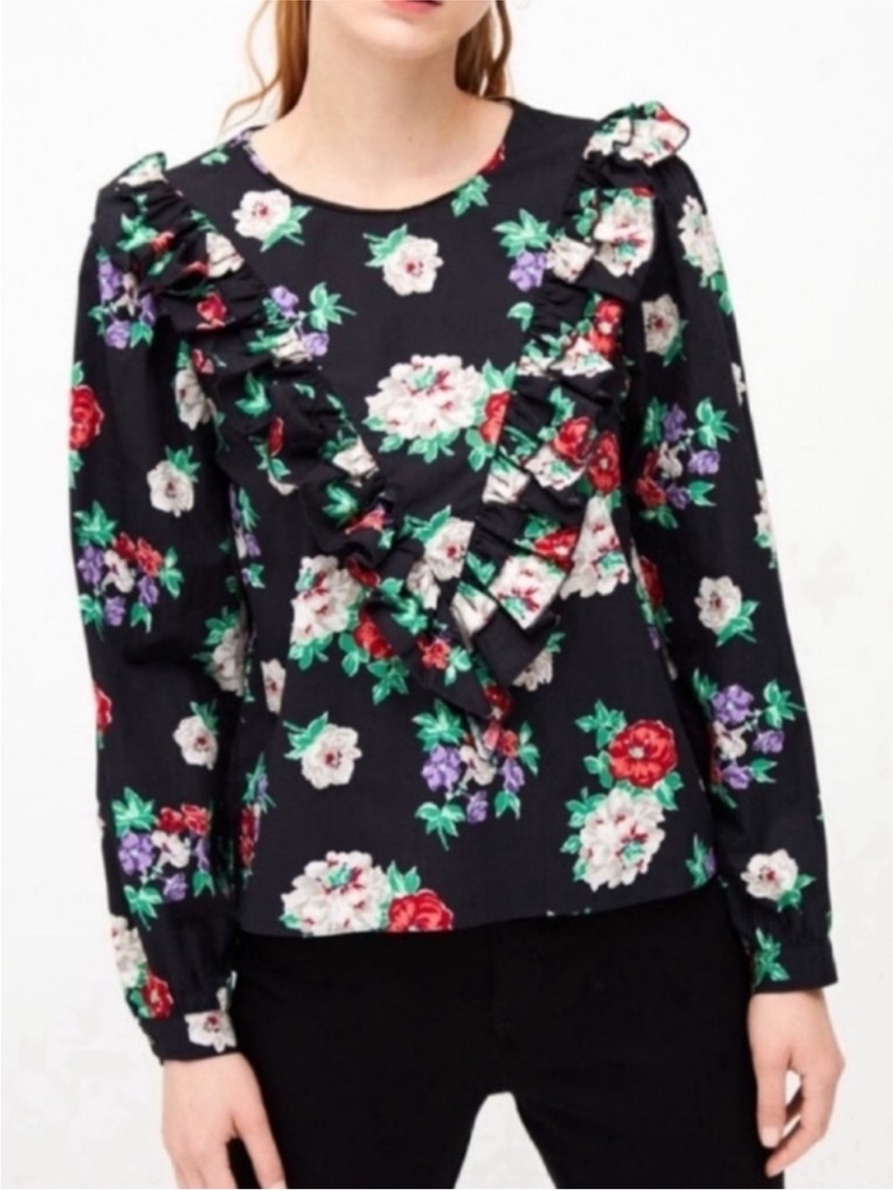 ZARA Floral Print Blouse Small Black Ruffle Front Long Sleeve Top Garden Party